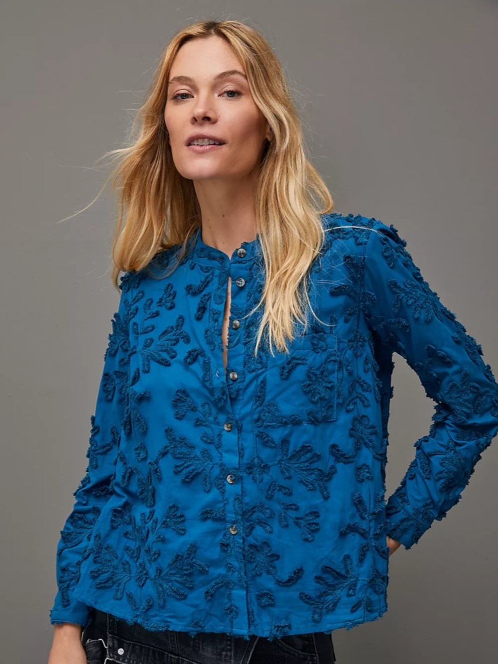 Anthropologie Pilcro Whitney Teal Textured Trapeze Button Front Top